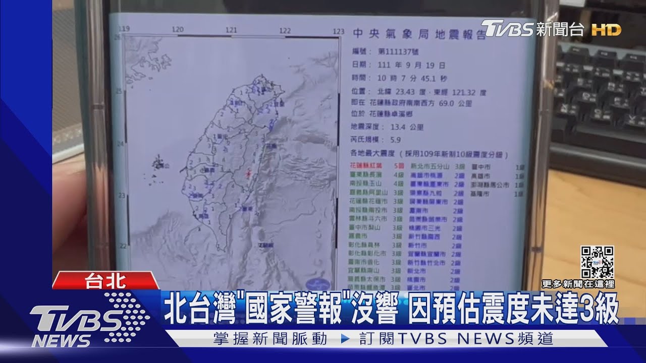 北台灣「國家警報」沒響 因預估震度未達3級