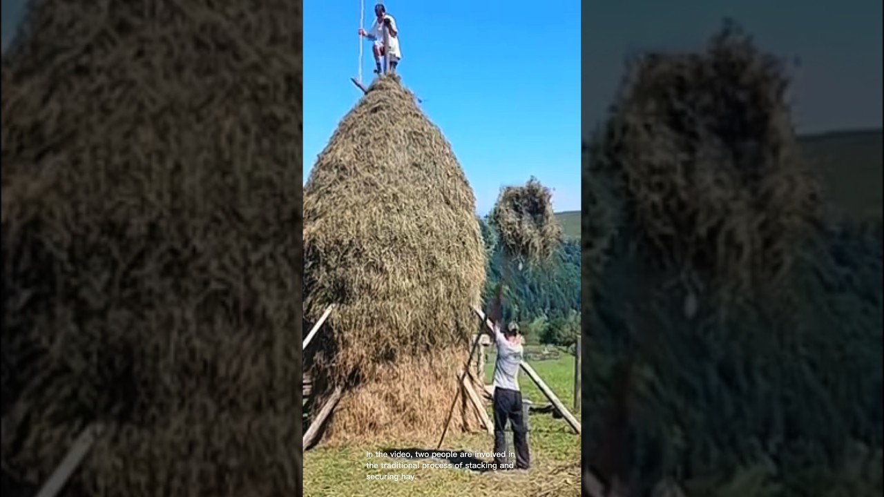 Traditional process of large stacking and securing hay