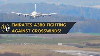 Emirates Airbus A380 crosswind landing at Zurich Airport