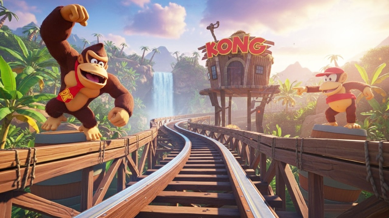 DONKEY KONG! Barrel Launch Mine Coaster! Jumps Tracks and Flies! (POV, Front Seat)