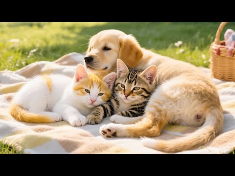 Cat and dog sleeping on carpet - Cat video - Cat meowing