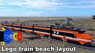 Lego train on a huge beach train layout: collaboration with Bananenbuurman