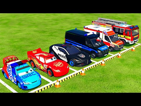 MCQUEEN, DODGE POLICE CARS, AMBULANCE EMERGENCY and FIRE ENGINE TRANSPORTING WITH TRUCK ! FS22