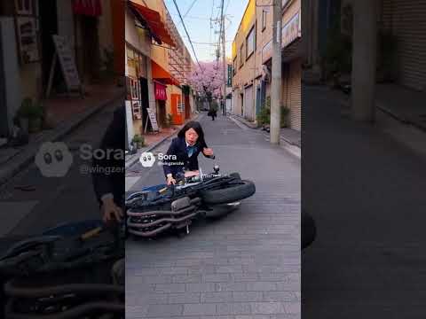 バイクの振動に驚いてコケちゃう制服女子高生