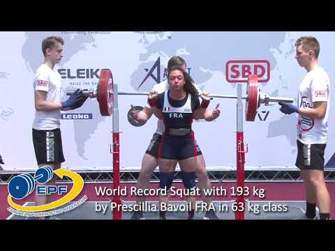 World Record Squat with 193 kg by Prescillia Bavoil FRA in 63 kg class