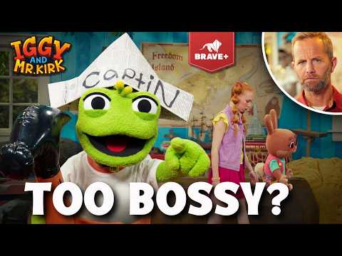 Thumbnail for a kids' show: green puppet with a newspaper hat labeled 'CAPIN' points at the camera, with a girl and a plush bunny in a colorful set; bold 'TOO BOSSY?' text and show logos in corners.