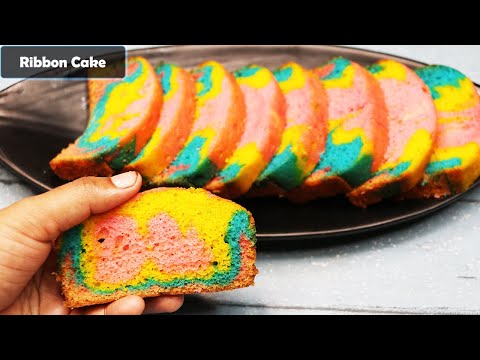 Ribbon Cake Recipe Without Oven | Multi-Colour Cake | Colourful Tea Cake | Too Tasty