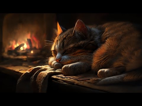 Fall asleep to the Purring of a Cat & Fireplace ???? Relax in Cozy Winter Hut, Fireplace sound