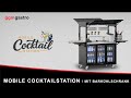 Estação de cocktails móvel - com frigorífico de bar, superfície de trabalho, tampo de vidro e iluminação LED - articulada