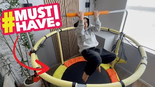 55 Trampoline for Kids / Toddlers with Safety Enclosure Net, Gymnastics Bar, Indoor & Outdoor