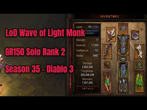 Season 35 LoD Wave of Light Monk GR150 Solo Rank 2 - Diablo 3