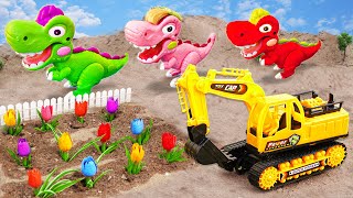 Dinosaurs, Excavator and Construction Vehicles growing roses - Car toys learning for kids