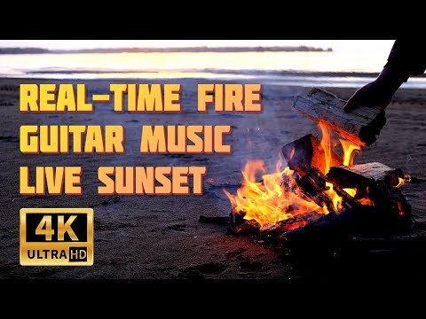 Real-time fire 🔥 on the riverbank against the sunset background to guitar music 4k Ultra HD, relax