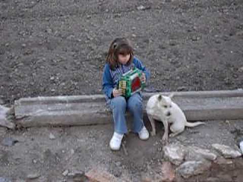 Niña tocando el acordeón y perrita cantando