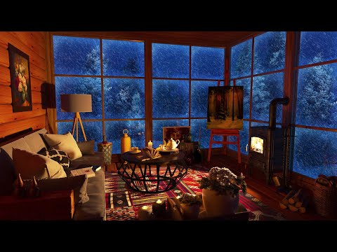 Avkopplande snöstorm, ylande vind, snöstormsljud i en mysig vinterstuga