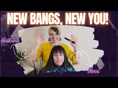Woman styling bangs on a client, featuring text "New Bangs, New You!" with hairstylist RaDona and client Kerri, illustrating a transformation theme relevant to hairstyle tutorials.