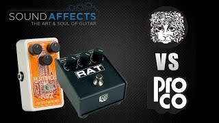 Video thumbnail for Electro Harmonix Flatiron Fuzz vs Proco Rat Distortional Effects Pedal Shootout by Sound Affects