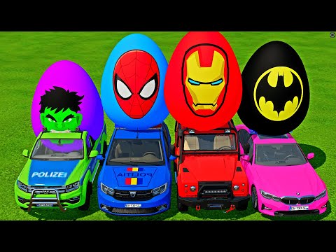 TRANSPORTING SUPERHERO & KINDER EGGS WITH DACIA DUSTER POLICE CAR WITH TRAILER! Farming Simulator 22