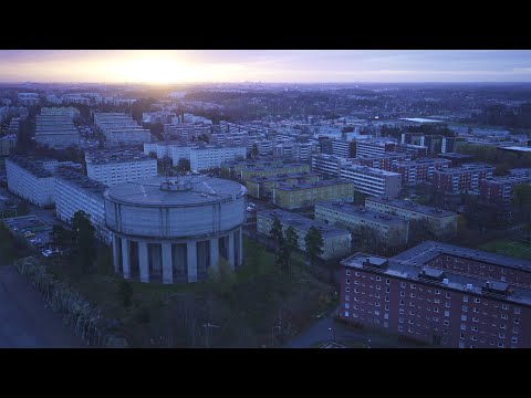 2090. Tensta Hjulsta Panorering (Tensta Hjulsta water tower) Drone Stock Footage Video