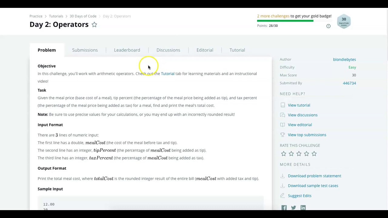 Hackerrank 30 days of code Java 8 Solution: Day 2: Operators