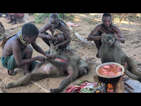 Discover Hadzabe tribe Hunting Baboon and Cooking Lunch😋 very delicious Meal.