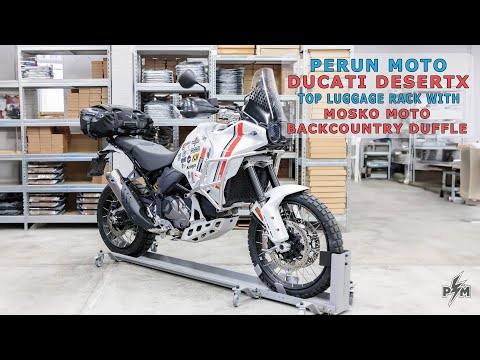 Perun moto Ducati DesertX Top luggage rack with Mosko moto Backcountry 30l duffle