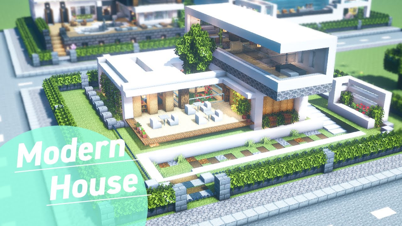 【マイクラ建築】1階はテラス付きのカフェ仕様！おしゃれなモダンハウスの作り方【現代建築】