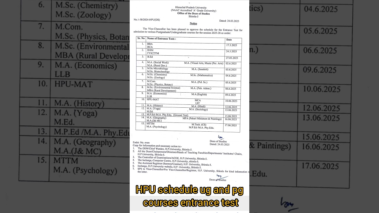 HPU Entrance exams schedule for the Undergraduate (ug) and postgraduate (pg) courses (2025 - 2026)