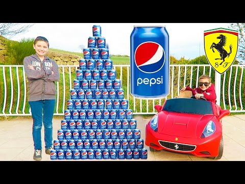 CRAZY PEPSI CHALLENGE vs MINI FERRARI PRANK ! 100 cans Pyramid !