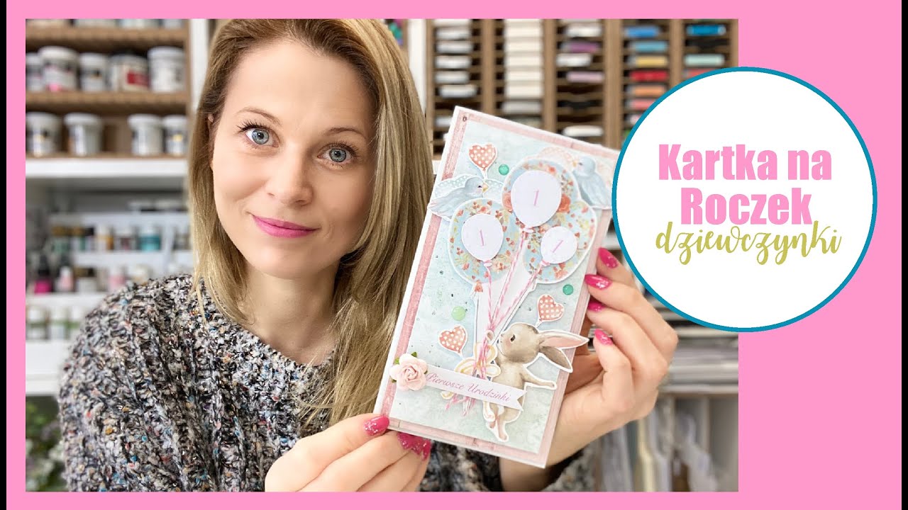 Kartka na pierwsze urodziny dla dziewczynki z uroczym zajączkiem