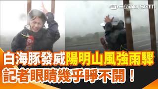 記者眼睛幾乎睜不開！白海豚發威暴風擾台 陽明山風強雨驟！飲料店"門被吹倒"玻璃碎滿地 童追浪險遭捲走 海巡署"現身警告"｜三立新聞網 SETN.com