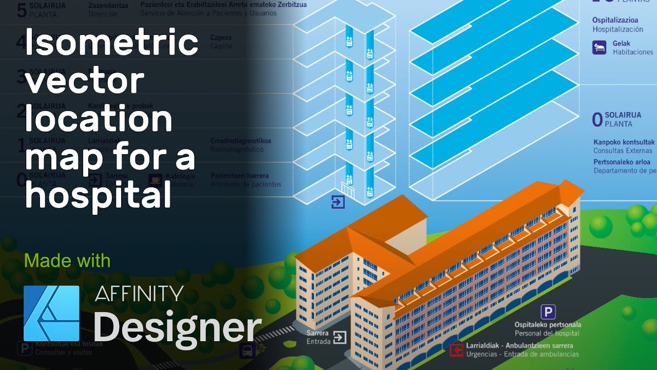 Isometric vector location map for a hospital made in Affinity Designer