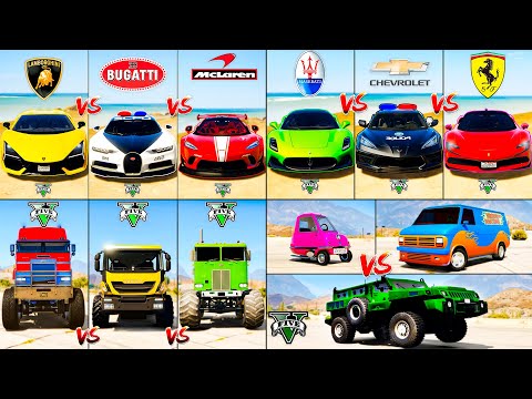 Bugatti Chiron vs Police Chevrolet vs Monster Truck vs Small Car - GTA 5 Best Mods Compilation