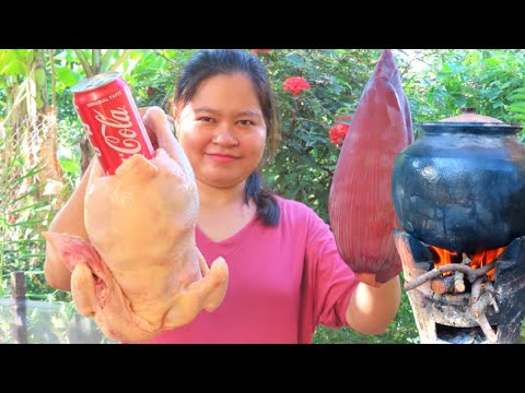 Yummy Roast Chicken with CoCa-Cola and Banana Flower Recipe | Using Pottery