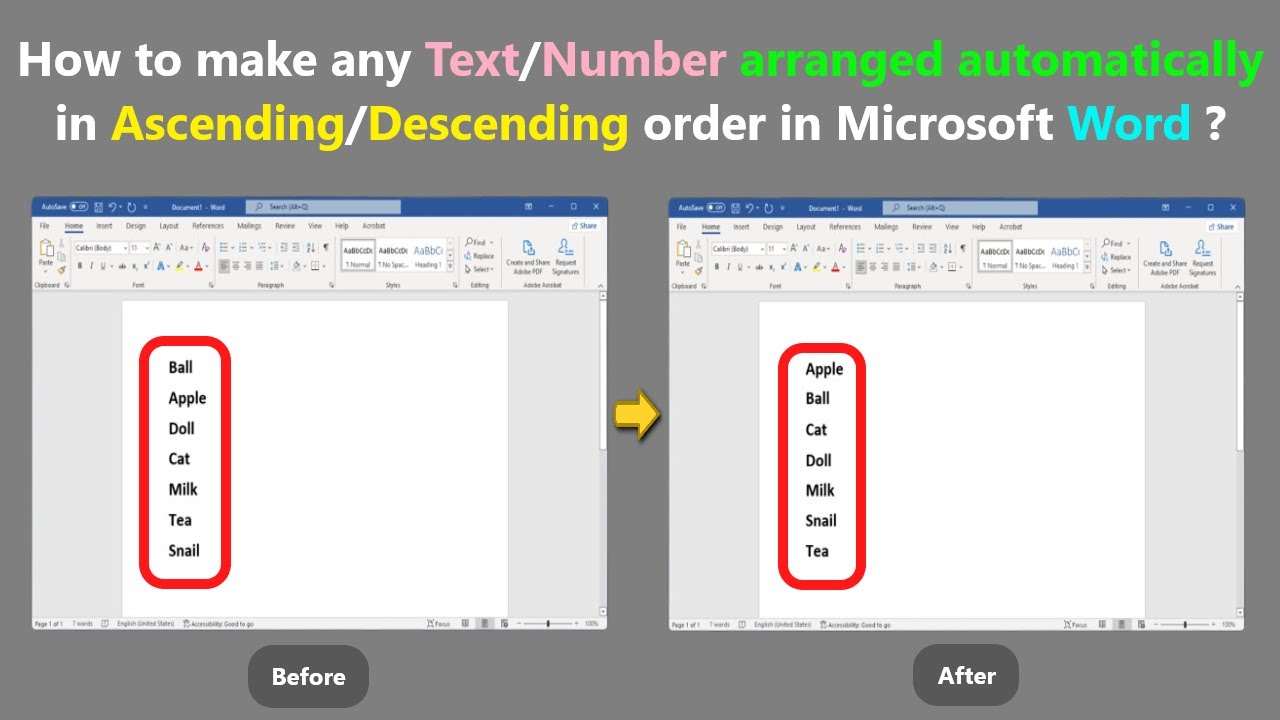 How to make any Text/Number arranged automatically in Ascending/Descending order in Microsoft Word ?
