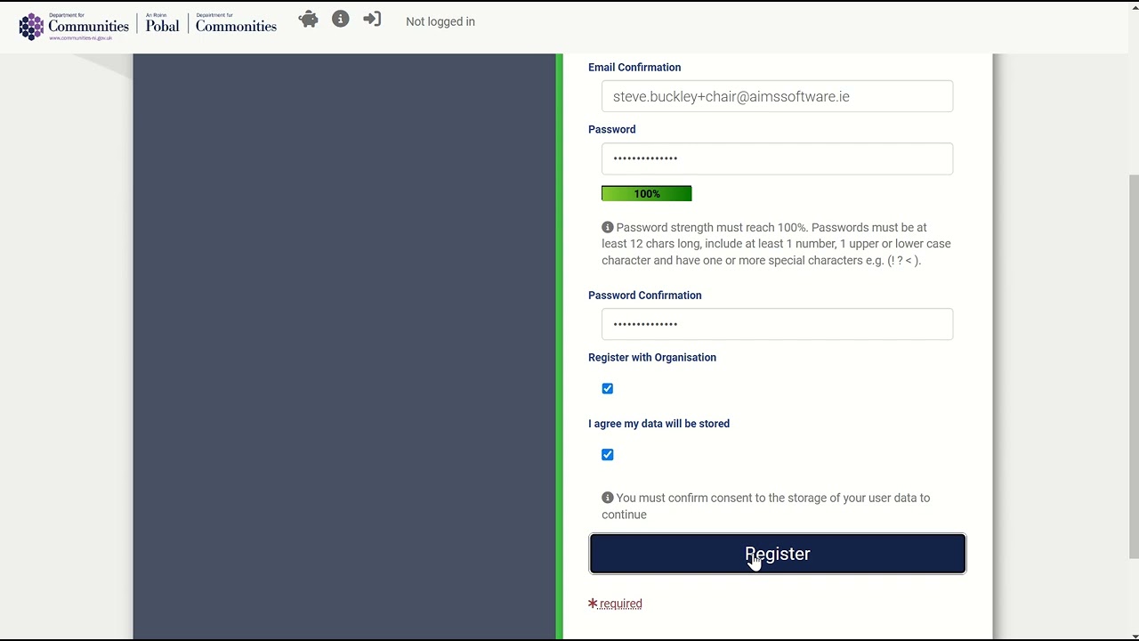 DfC AIMS registration step 1