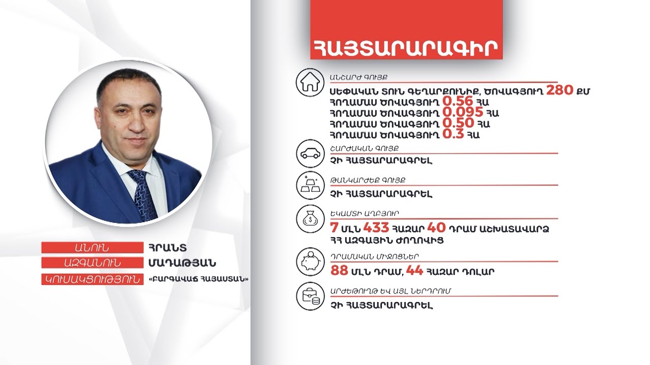 Հրանտ Մադաթյանի գույքի և եկամուտների հայտարարագիրը
