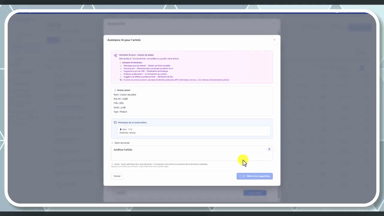Tutoriel vidéo : Assistance IA pour articles — Formation FacturesPro