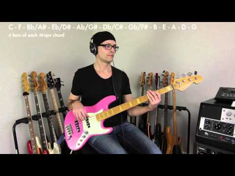 Simple bass line practice in all 12 keys, intermediate level, how to play bass