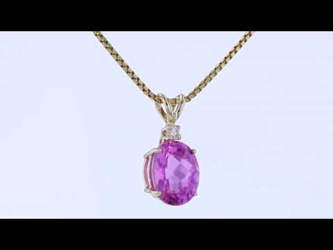 14 Karat Yellow Gold Oval Shape 3.50 Carats Created Pink Sapphire Diamond Pendant P9582