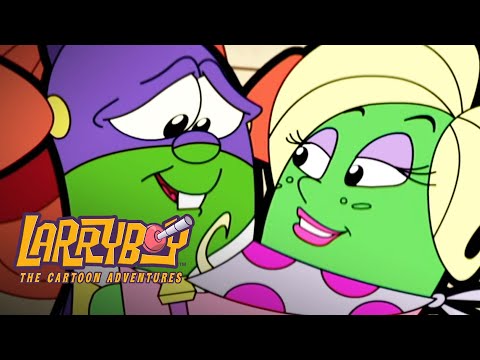 Two smiling cartoon frogs—one purple with green face and the other green with blonde hair—lean in toward each other in a friendly moment, with bold “Larva” branding partially visible.