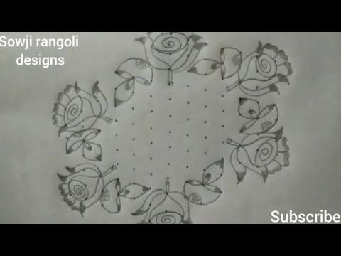 Beautiful rose flowers and deepam rangoli design with 13*7 dots//Diwali kolams