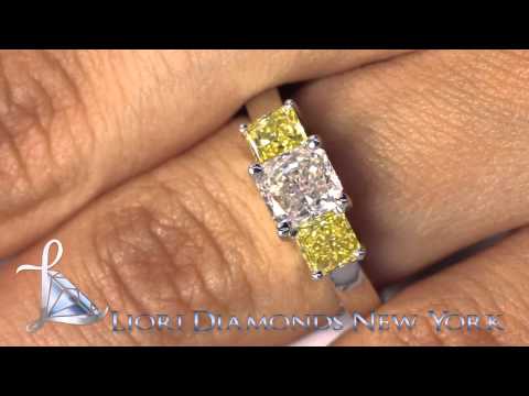 ER-0934 - 2.28 Carat Fancy Yellow & White Radiant Cut Three Stone Diamond Engagement Ring