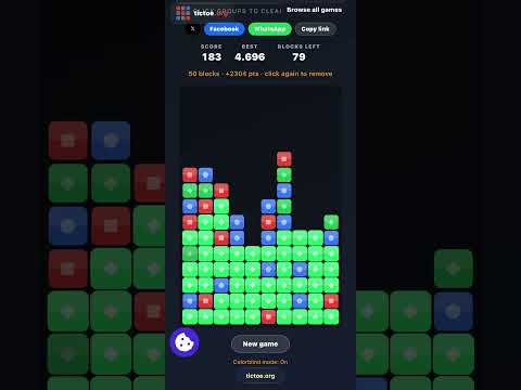 SameGame gameplay clip showing a large group clear and a full board clear