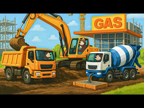 Building a Gas Station! Excavator, Dump Truck & Concrete Mixer at Work | Construction Vehicles