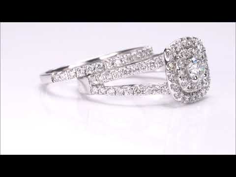 Bridal Set Double Halo Cushion Round Diamond Engagement Rings White Gold