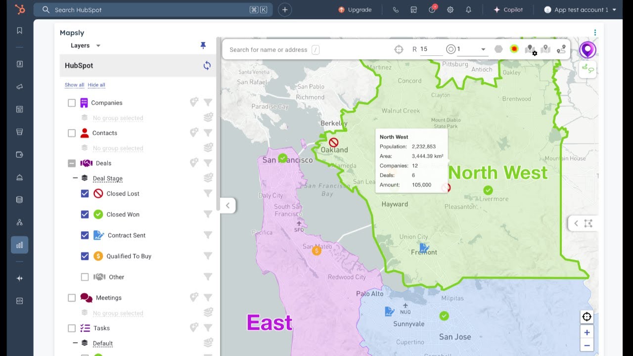 HubSpot companies, contacts, deals and meetings shown as map layers in Mapsly