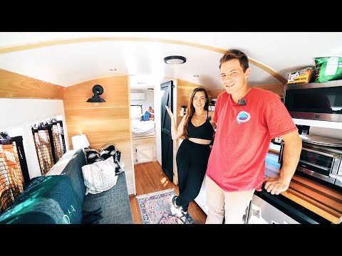 Couples DIY Off Grid Mini School Bus Conversion - Toilet, Shower & AC In 100 SqFt