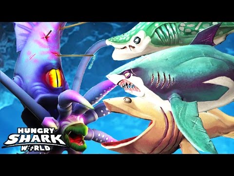 Hungry Shark World - All XXL Sharks vs Colossal Squid BOSS (Great White, Basking, Whale)