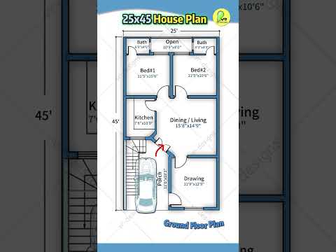 25’× 45’  house plan, 2 bhk with car parking, 25 by 45 home plan, 25*45 house design